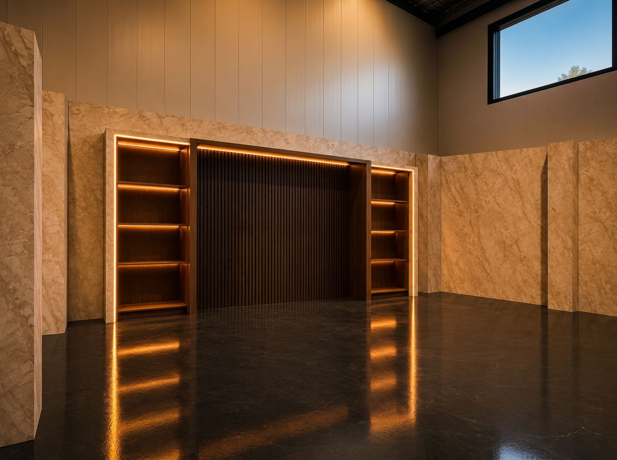 Wide view of an illuminated timber feature wall and shelving in a Sydney studio