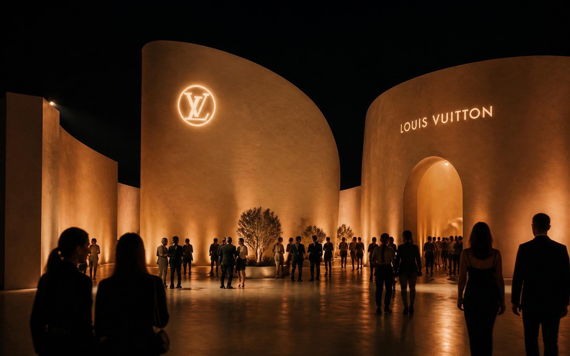 Large-scale luxury brand activation at night with sculptural lit forms and guests