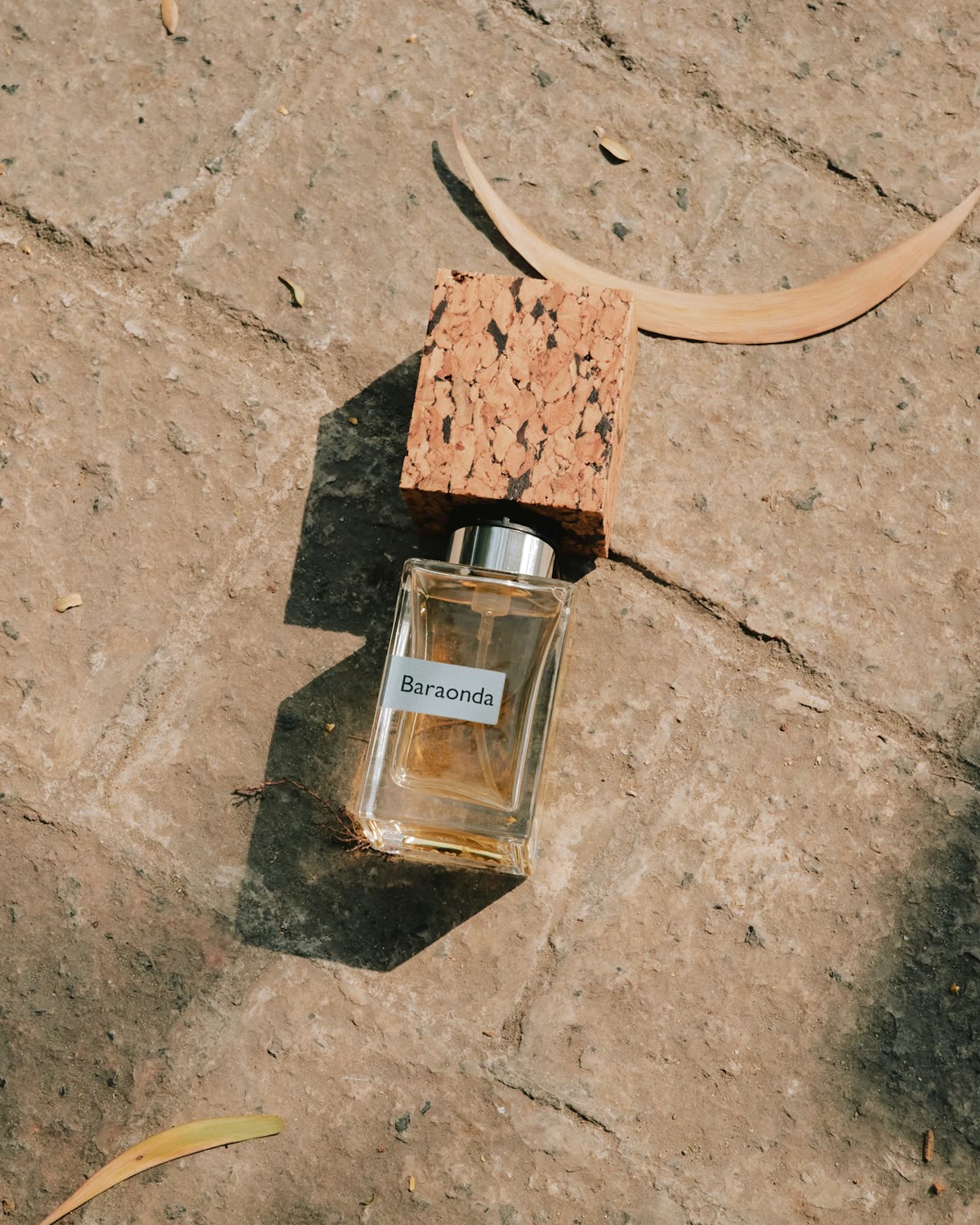 Single fragrance bottle on a stone surface in raking afternoon sunlight